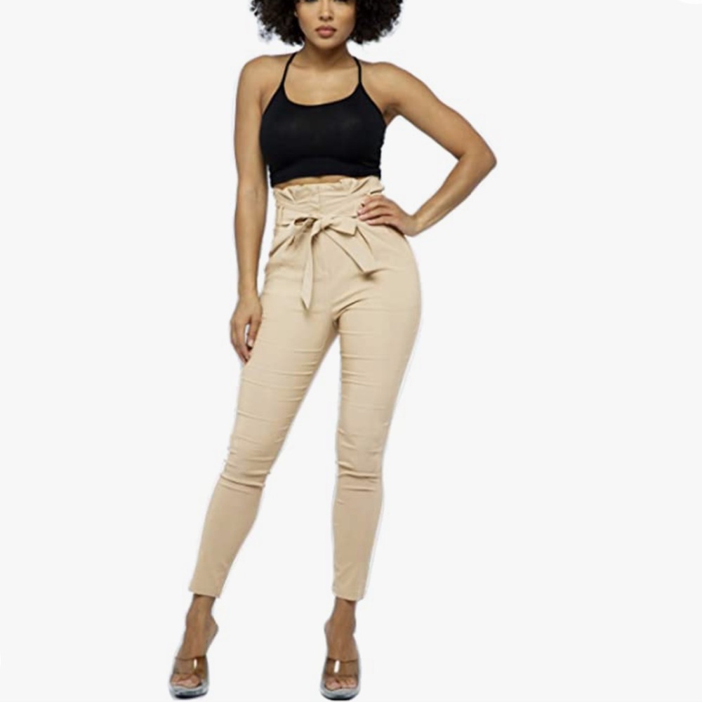 Women's High Waist Bow-Tie Paper Bag Casual Stretch Pants with Spandex